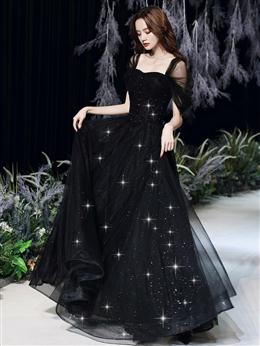 Picture of Black Color Off Shoulder Tulle Long Party Dresses Prom Dresses, Black Color Beaded Evening Dress